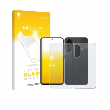 Parte frontal de un envase de producto con el logotipo de la marca upscreen. Al lado se muestra el dispositivo Samsung Galaxy 