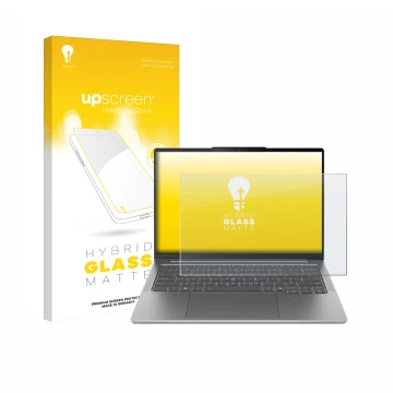 Parte frontal de un envase de producto con el logotipo de la marca upscreen. Al lado se muestra el dispositivo Lenovo IdeaPad 