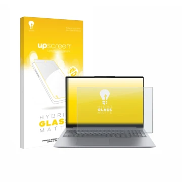 Parte frontal de un envase de producto con el logotipo de la marca upscreen. Al lado se muestra el dispositivo Lenovo ThinkBoo