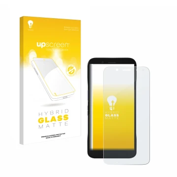 Parte frontal de un envase de producto con el logotipo de la marca upscreen. Al lado se muestra el dispositivo Datalogic Memor