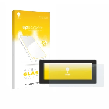 Parte frontal de un envase de producto con el logotipo de la marca upscreen. Al lado se muestra el dispositivo Hyundai Inster 