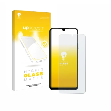 Parte frontal de un envase de producto con el logotipo de la marca upscreen. Al lado se muestra el dispositivo Xiaomi Poco C71