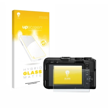 Parte frontal de un envase de producto con el logotipo de la marca upscreen. Al lado se muestra el dispositivo Canon EOS R50 V