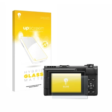 Parte frontal de un envase de producto con el logotipo de la marca upscreen. Al lado se muestra el dispositivo Canon PowerShot