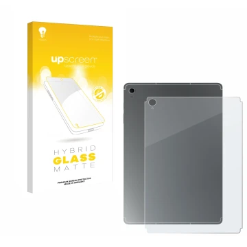 Parte frontal de un envase de producto con el logotipo de la marca upscreen. Al lado se muestra el dispositivo Samsung Galaxy 