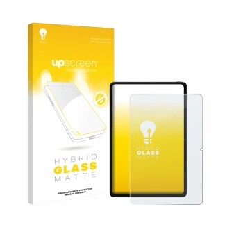 Parte frontal de un envase de producto con el logotipo de la marca upscreen. Al lado se muestra el dispositivo Xiaomi POCO Pad