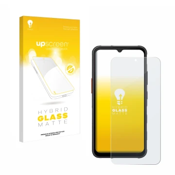 Parte frontal de un envase de producto con el logotipo de la marca upscreen. Al lado se muestra el dispositivo Samsung Galaxy 