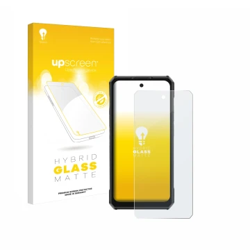 Parte frontal de un envase de producto con el logotipo de la marca upscreen. Al lado se muestra el dispositivo Ulefone Armor 3
