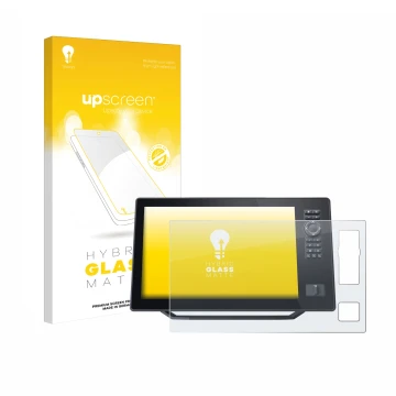 Parte frontal de un envase de producto con el logotipo de la marca upscreen. Al lado se muestra el dispositivo Humminbird Xplo