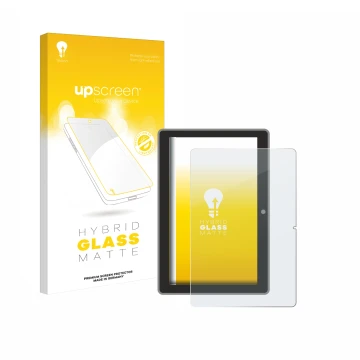 Parte frontal de un envase de producto con el logotipo de la marca upscreen. Al lado se muestra el dispositivo Lenovo Tab TB31