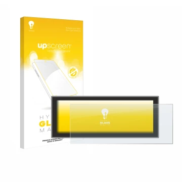 Parte frontal de un envase de producto con el logotipo de la marca upscreen. Al lado se muestra el dispositivo Peugeot Partner