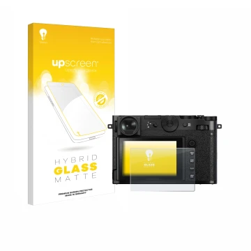 Parte frontal de un envase de producto con el logotipo de la marca upscreen. Al lado se muestra el dispositivo Fujifilm GFX 10