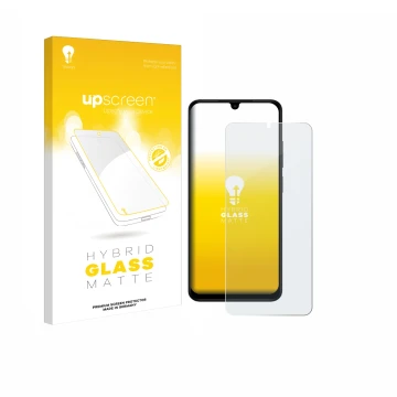 Parte frontal de un envase de producto con el logotipo de la marca upscreen. Al lado se muestra el dispositivo Xiaomi Redmi A5