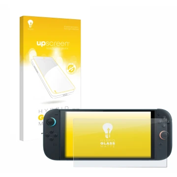 Parte frontal de un envase de producto con el logotipo de la marca upscreen. Al lado se muestra el dispositivo Nintendo Switch