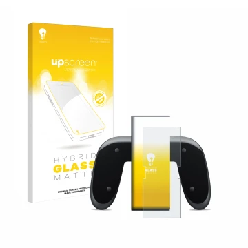 Parte frontal de un envase de producto con el logotipo de la marca upscreen. Al lado se muestra el dispositivo Nintendo Switch