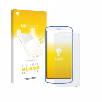 Parte frontal de un envase de producto con el logotipo de la marca upscreen. Al lado se muestra el dispositivo Zebra HC 25 con