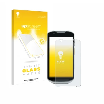 Parte frontal de un envase de producto con el logotipo de la marca upscreen. Al lado se muestra el dispositivo Zebra TC52x-HC 