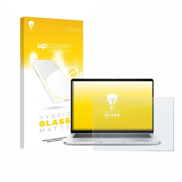 Parte frontal de un envase de producto con el logotipo de la marca upscreen. Al lado se muestra el dispositivo Dell Pro 13 Plu