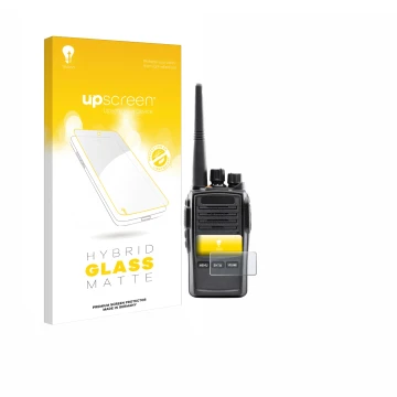 Parte frontal de un envase de producto con el logotipo de la marca upscreen. Al lado se muestra el dispositivo Midland G18 Pro