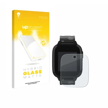 Parte frontal de un envase de producto con el logotipo de la marca upscreen. Al lado se muestra el dispositivo Xplora XGO3 (2d