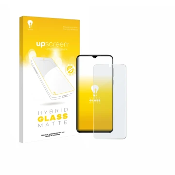 Parte frontal de un envase de producto con el logotipo de la marca upscreen. Al lado se muestra el dispositivo ZTE Nubia Neo c