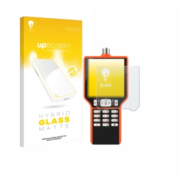 Parte frontal de un envase de producto con el logotipo de la marca upscreen. Al lado se muestra el dispositivo RigExpert MATCH