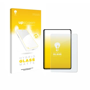 Parte frontal de un envase de producto con el logotipo de la marca upscreen. Al lado se muestra el dispositivo Honor Pad V9 co