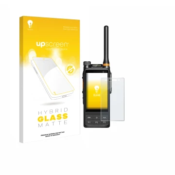 Parte frontal de un envase de producto con el logotipo de la marca upscreen. Al lado se muestra el dispositivo Hytera PDC680 c