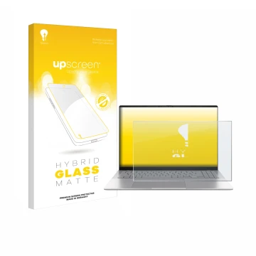 Parte frontal de un envase de producto con el logotipo de la marca upscreen. Al lado se muestra el dispositivo ASUS Vivobook S