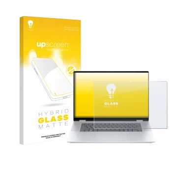 Parte frontal de un envase de producto con el logotipo de la marca upscreen. Al lado se muestra el dispositivo HP OmniBook X F