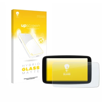 Parte frontal de un envase de producto con el logotipo de la marca upscreen. Al lado se muestra el dispositivo TomTom Go Navig