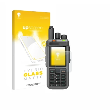 Parte frontal de un envase de producto con el logotipo de la marca upscreen. Al lado se muestra el dispositivo Radtel RT-880 c