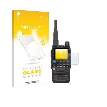 Parte frontal de un envase de producto con el logotipo de la marca upscreen. Al lado se muestra el dispositivo Tidradio TD-H3 