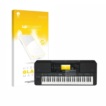 Parte frontal de un envase de producto con el logotipo de la marca upscreen. Al lado se muestra el dispositivo Yamaha PSR-SX72