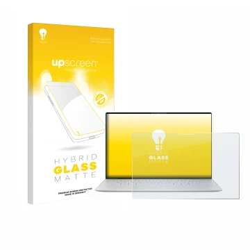 Parte frontal de un envase de producto con el logotipo de la marca upscreen. Al lado se muestra el dispositivo Dell XPS 13 935