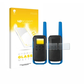 Parte frontal de un envase de producto con el logotipo de la marca upscreen. Al lado se muestra el dispositivo Motorola TALKAB