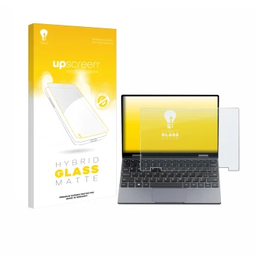 Parte frontal de un envase de producto con el logotipo de la marca upscreen. Al lado se muestra el dispositivo Chuwi MiniBook 