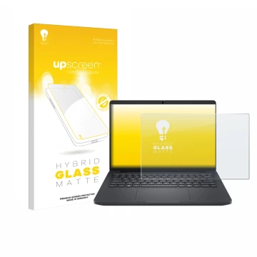 Parte frontal de un envase de producto con el logotipo de la marca upscreen. Al lado se muestra el dispositivo Dell Pro Max 14