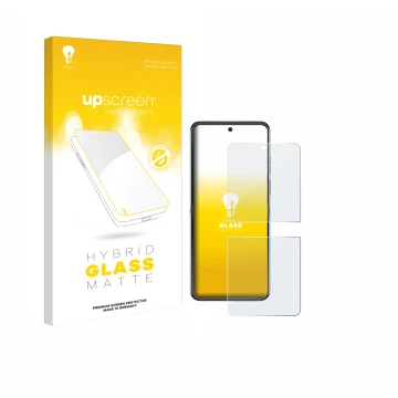 Parte frontal de un envase de producto con el logotipo de la marca upscreen. Al lado se muestra el dispositivo Motorola Razr 6