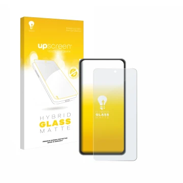 Parte frontal de un envase de producto con el logotipo de la marca upscreen. Al lado se muestra el dispositivo realme GT 7T co