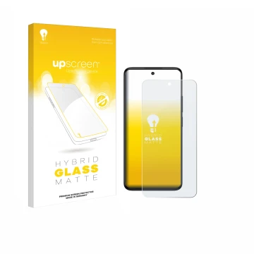 Parte frontal de un envase de producto con el logotipo de la marca upscreen. Al lado se muestra el dispositivo TCL 60 5G con s