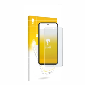 Parte frontal de un envase de producto con el logotipo de la marca upscreen. Al lado se muestra el dispositivo TCL SE NxtPaper