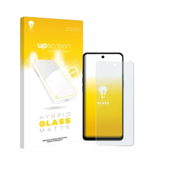 Parte frontal de un envase de producto con el logotipo de la marca upscreen. Al lado se muestra el dispositivo Ulefone Note 18