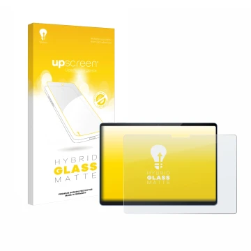 Parte frontal de un envase de producto con el logotipo de la marca upscreen. Al lado se muestra el dispositivo Microsoft Surfa