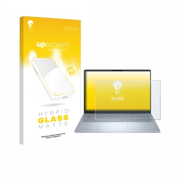 Parte frontal de un envase de producto con el logotipo de la marca upscreen. Al lado se muestra el dispositivo Dell 16 Plus La