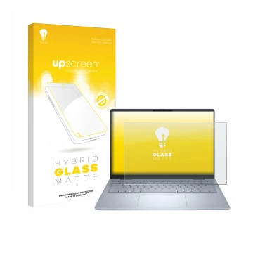 Parte frontal de un envase de producto con el logotipo de la marca upscreen. Al lado se muestra el dispositivo Dell 14 Plus La