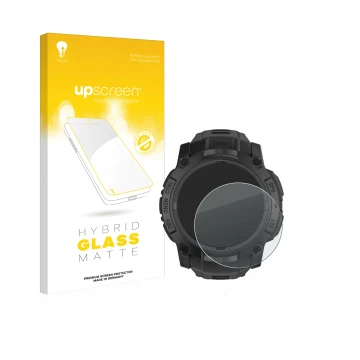 Parte frontal de un envase de producto con el logotipo de la marca upscreen. Al lado se muestra el dispositivo Garmin Instinct