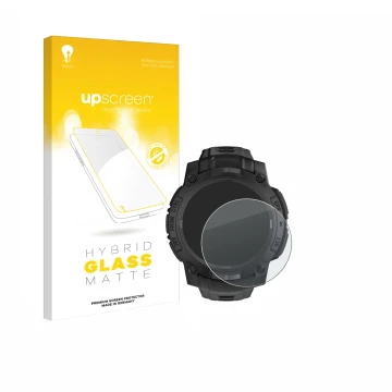 Parte frontal de un envase de producto con el logotipo de la marca upscreen. Al lado se muestra el dispositivo Garmin Instinct