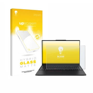 Parte frontal de un envase de producto con el logotipo de la marca upscreen. Al lado se muestra el dispositivo Lenovo ThinkPad