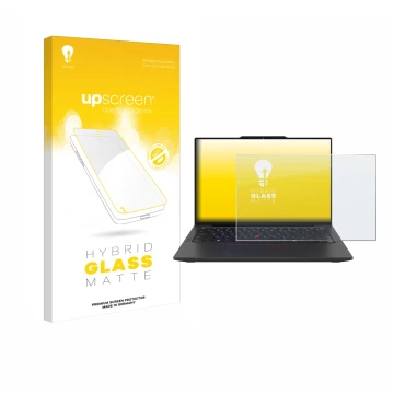 Parte frontal de un envase de producto con el logotipo de la marca upscreen. Al lado se muestra el dispositivo Lenovo ThinkPad